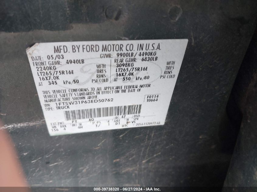 2003 Ford F350 Srw Super Duty VIN: 1FTSW31P63ED50762 Lot: 39738320