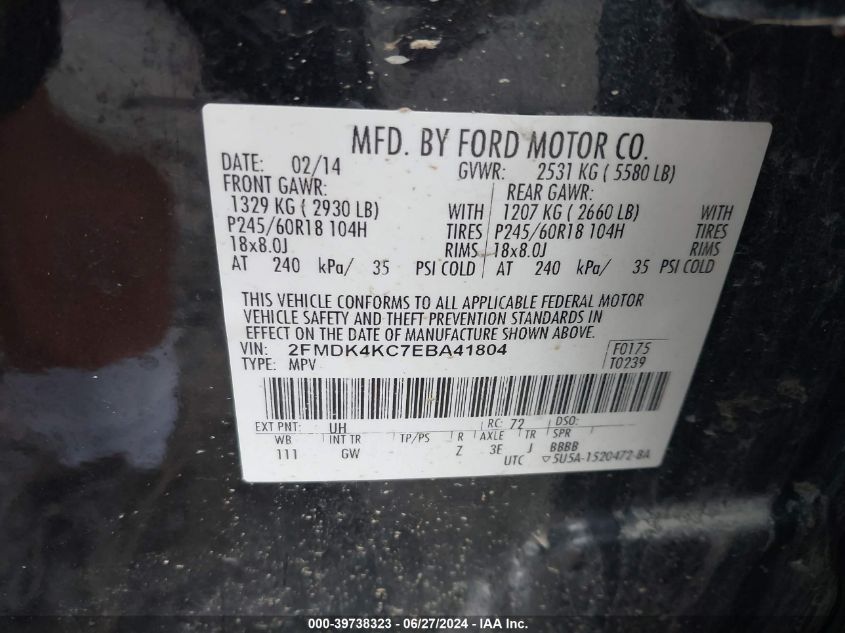 2014 Ford Edge Limited VIN: 2FMDK4KC7EBA41804 Lot: 39738323
