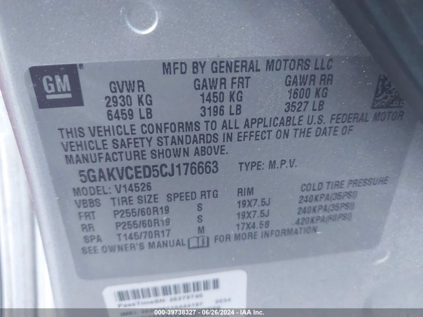 2012 Buick Enclave Leather VIN: 5GAKVCED5CJ176663 Lot: 39738327