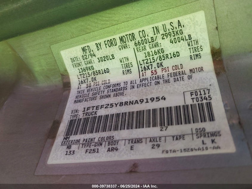 1994 Ford F250 VIN: 1FTEF25Y8RNA91954 Lot: 39738337