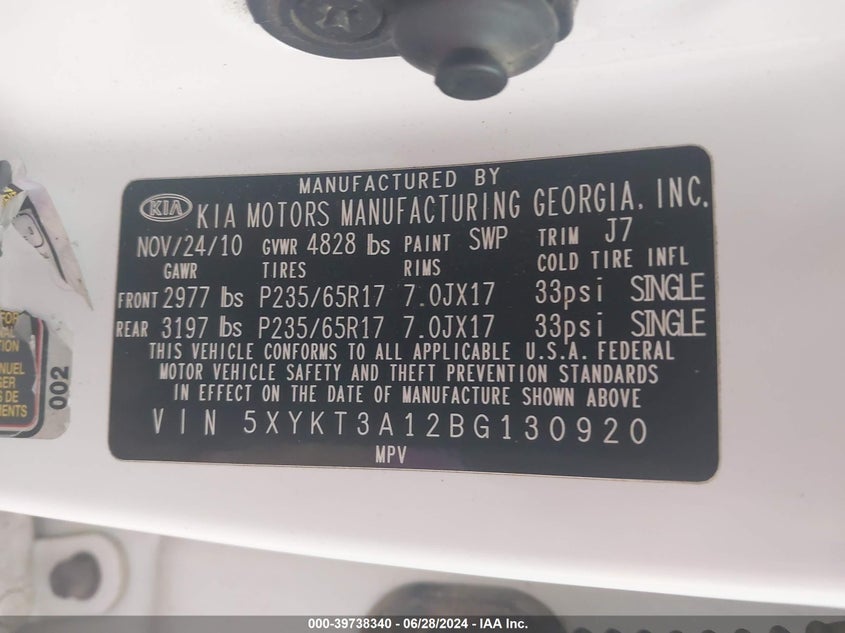 2011 Kia Sorento Lx VIN: 5XYKT3A12BG130920 Lot: 39738340