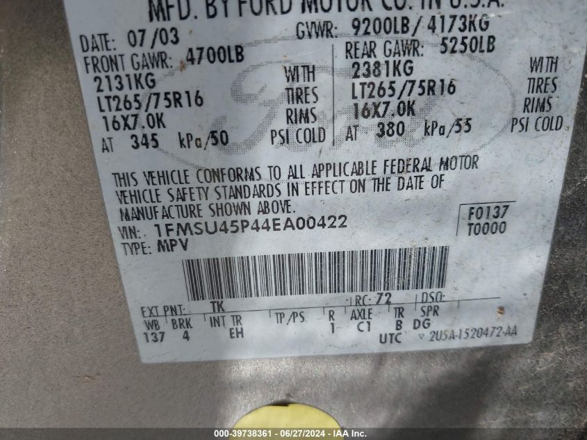 2004 Ford Excursion Eddie Bauer VIN: 1FMSU45P44EA00422 Lot: 39738361