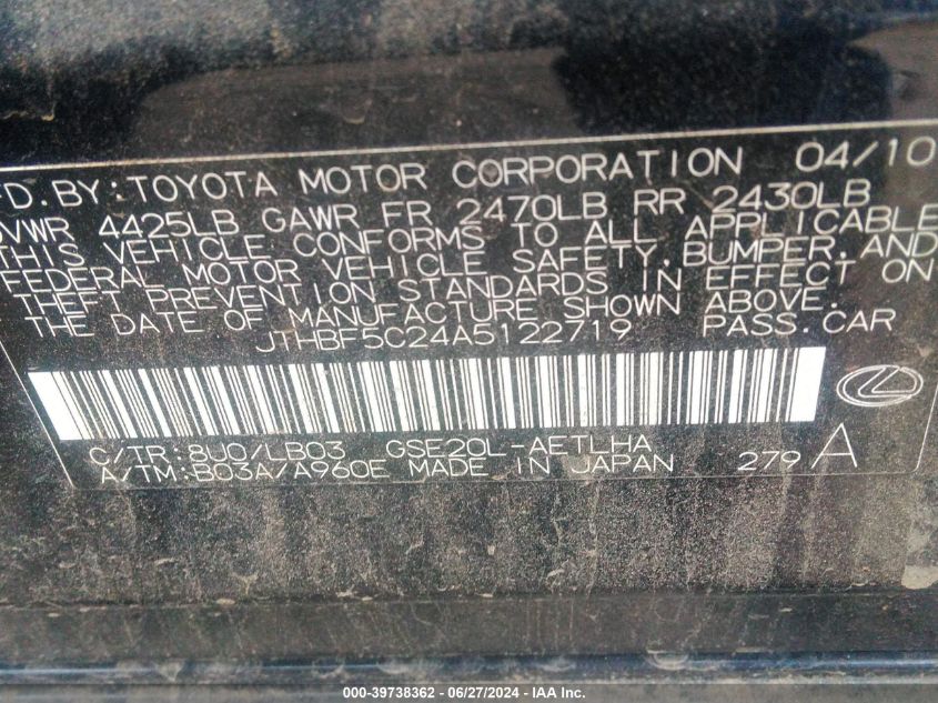 2010 Lexus Is 250 VIN: JTHBF5C24A5122719 Lot: 39738362