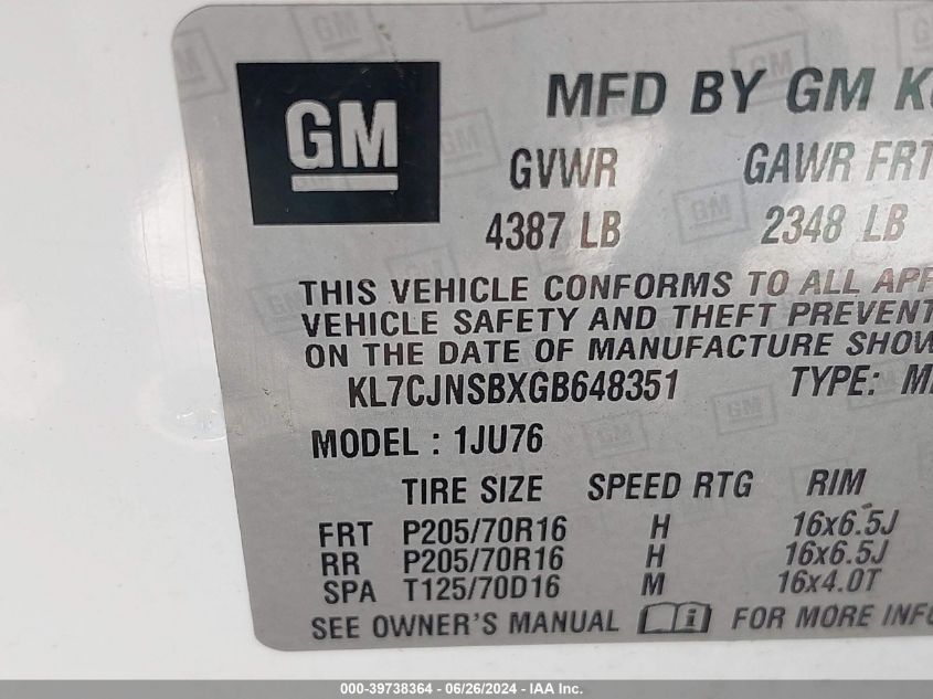 2016 Chevrolet Trax 1Ls VIN: KL7CJNSBXGB648351 Lot: 39738364