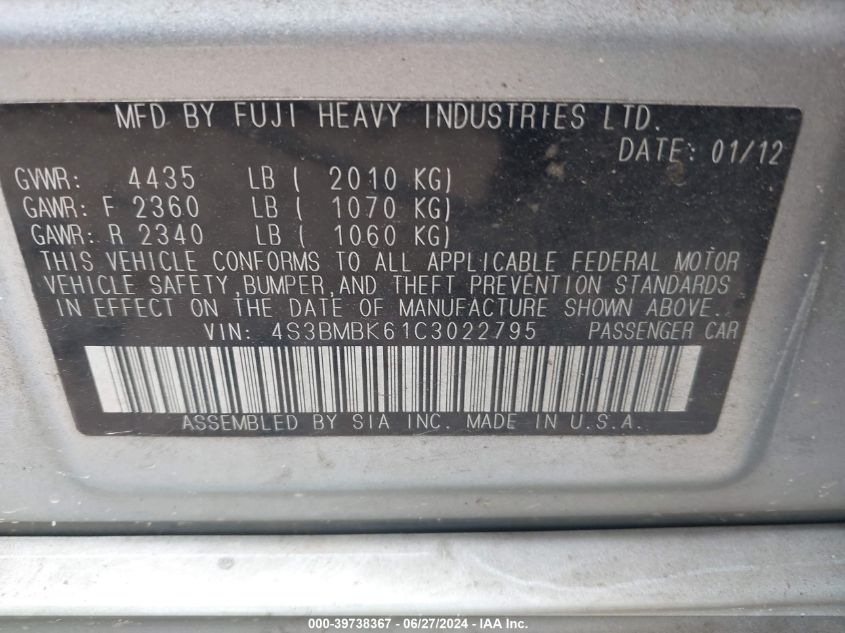2012 Subaru Legacy 2.5I Limited VIN: 4S3BMBK61C3022795 Lot: 39738367