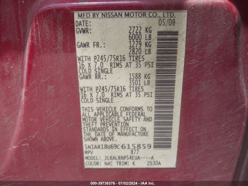 2009 Nissan Pathfinder S VIN: 5N1AR18U69C615859 Lot: 39738376