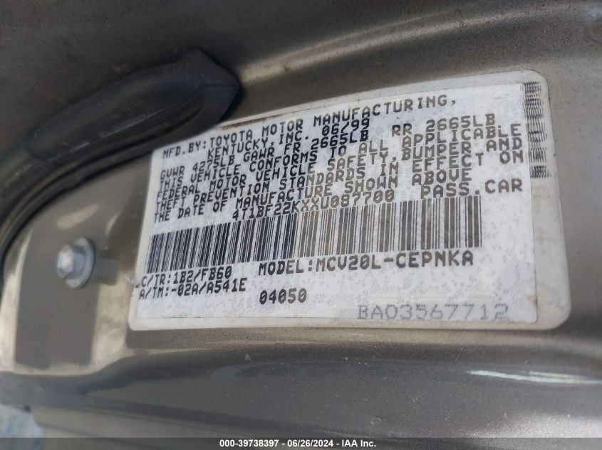 1999 Toyota Camry Le V6 VIN: 4T1BF22KXXU087700 Lot: 39738397