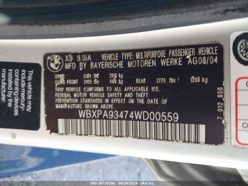 2004 BMW X3 3.0I VIN: WBXPA93474WD00559 Lot: 39738398
