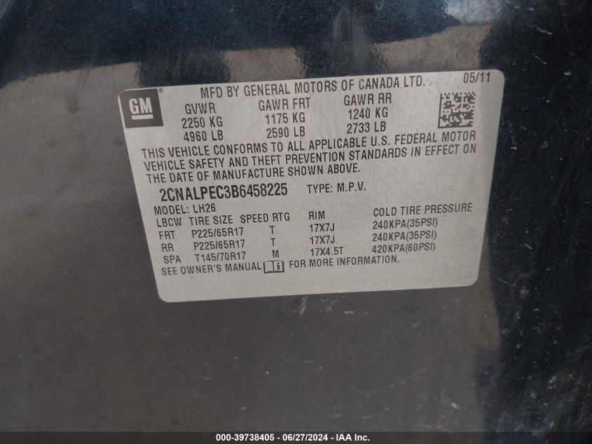 2011 Chevrolet Equinox 2Lt VIN: 2CNALPEC3B6458225 Lot: 39738405