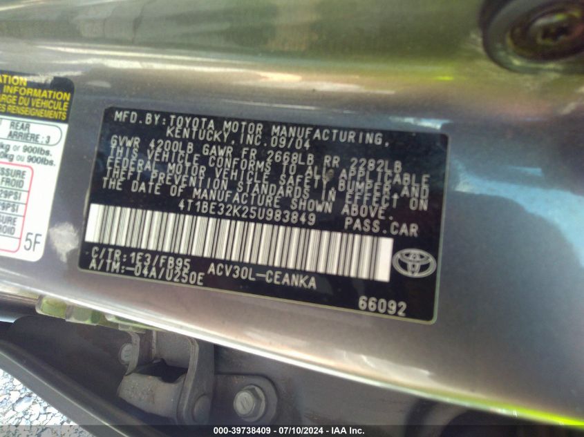 2005 Toyota Camry Le VIN: 4T1BE32K25U983849 Lot: 39738409