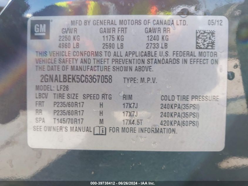 2012 Chevrolet Equinox Ls VIN: 2GNALBEK5C6367058 Lot: 39738412