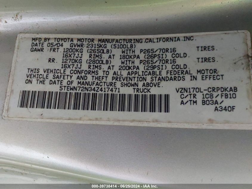 2004 Toyota Tacoma Base V6 VIN: 5TEWN72N34Z417471 Lot: 39738414