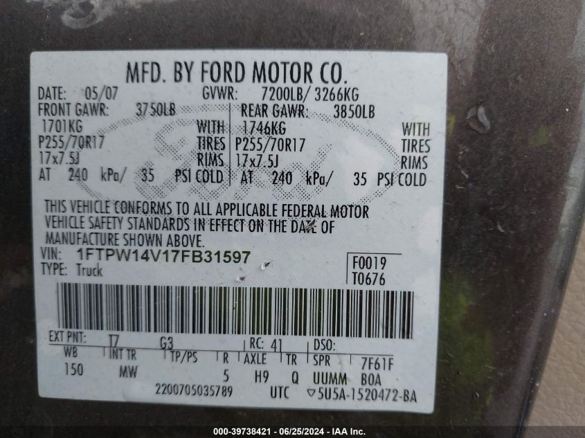 2007 Ford F-150 Fx4/Lariat/Xlt VIN: 1FTPW14V17FB31597 Lot: 39738421