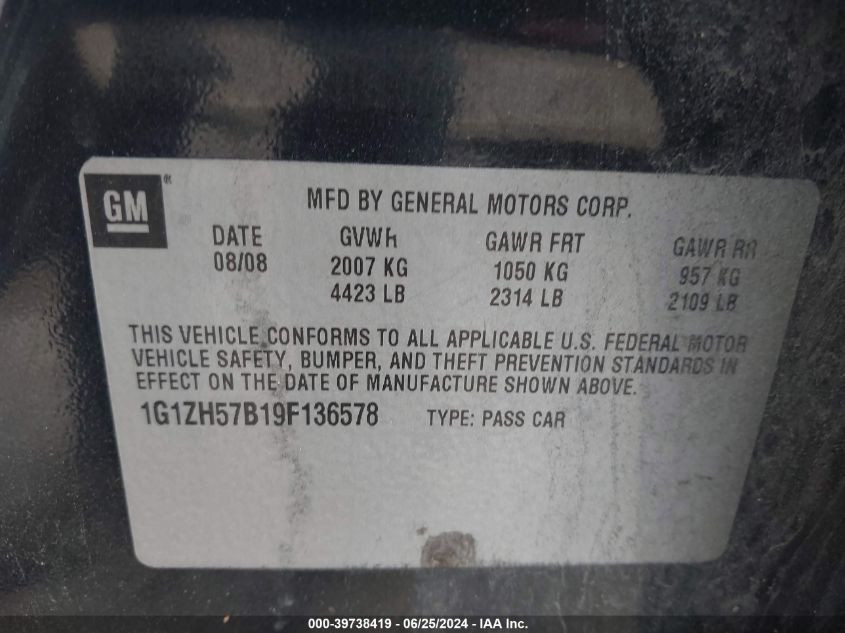 2009 Chevrolet Malibu Lt VIN: 1G1ZH57B19F136578 Lot: 39738419