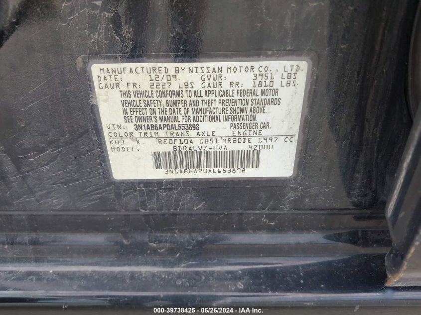 2010 Nissan Sentra 2.0Sl VIN: 3N1AB6AP0AL653898 Lot: 39738425