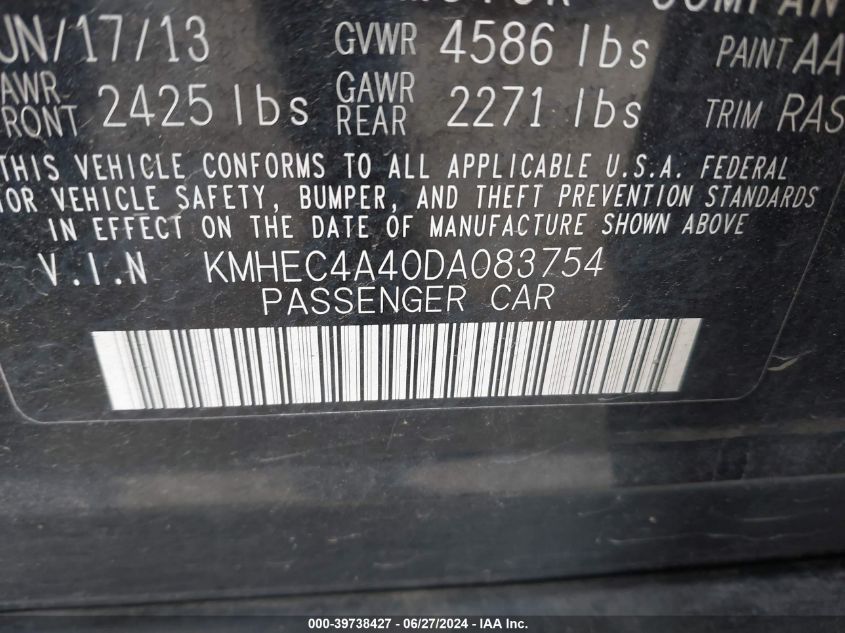 2013 Hyundai Sonata Hybrid VIN: KMHEC4A40DA083754 Lot: 39738427