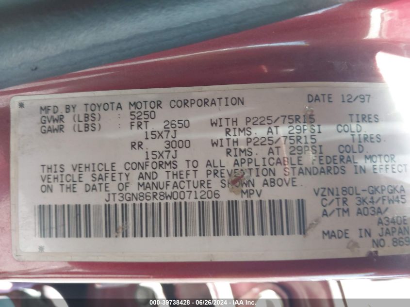 1998 Toyota 4Runner Sr5 VIN: JT3GN86R8W0071206 Lot: 39738428