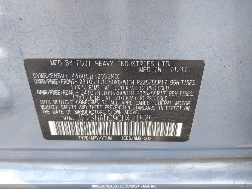 2012 Subaru Forester 2.5X Premium VIN: JF2SHADC9CH421525 Lot: 39738430