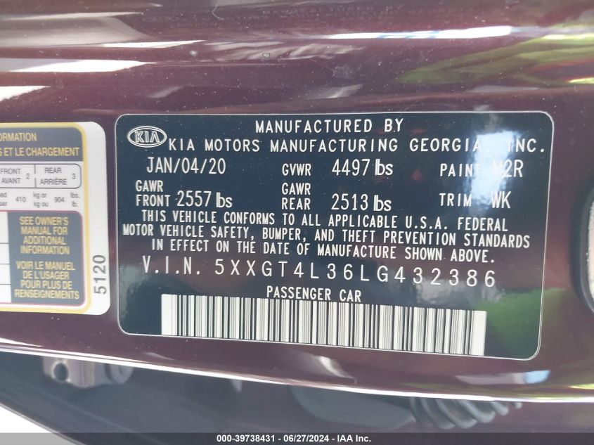 2020 Kia Optima Lx VIN: 5XXGT4L36LG432386 Lot: 39738431