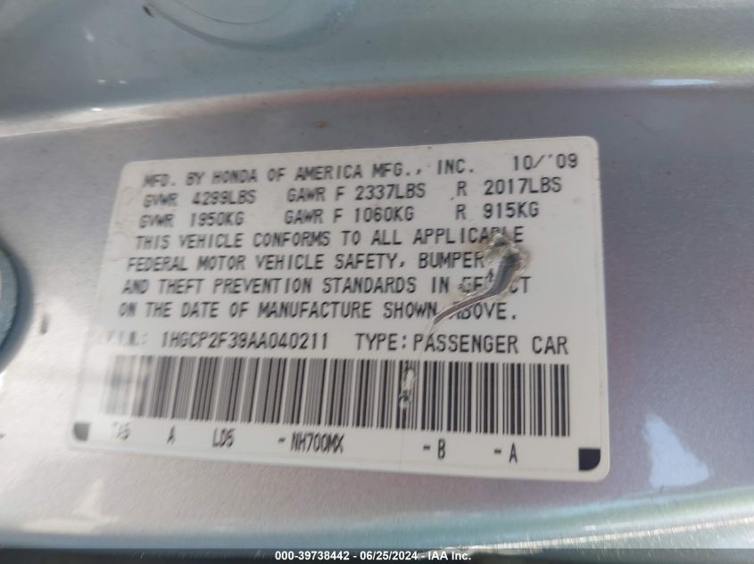 2010 Honda Accord 2.4 Lx VIN: 1HGCP2F39AA040211 Lot: 39738442