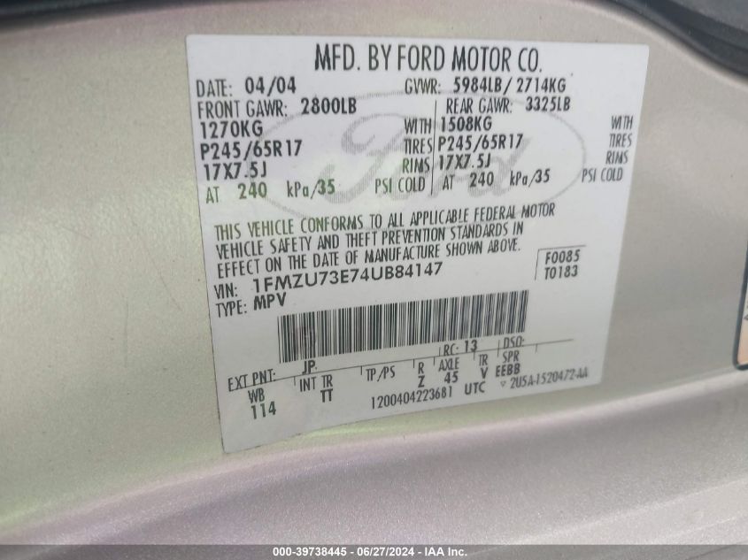 2004 Ford Explorer Xlt/Xlt Sport/Nbx VIN: 1FMZU73E74UB84147 Lot: 39738445