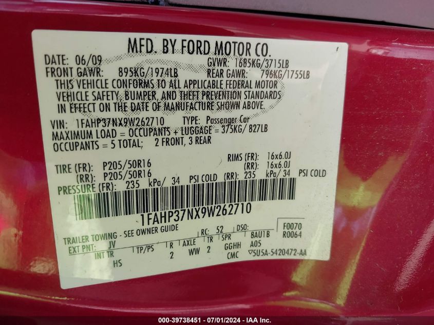 2009 Ford Focus Sel VIN: 1FAHP37NX9W262710 Lot: 39738451