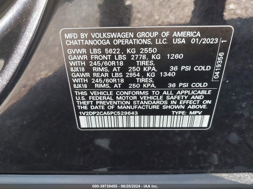 2023 Volkswagen Atlas Se VIN: 1V2DP2CA5PC529643 Lot: 39738455