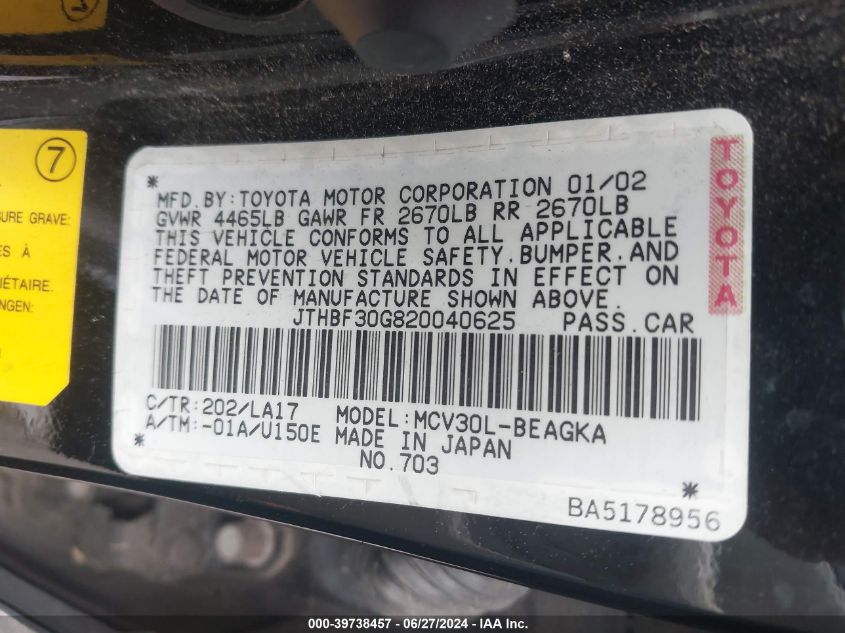 2002 Lexus Es 300 VIN: JTHBF30G820040625 Lot: 39738457