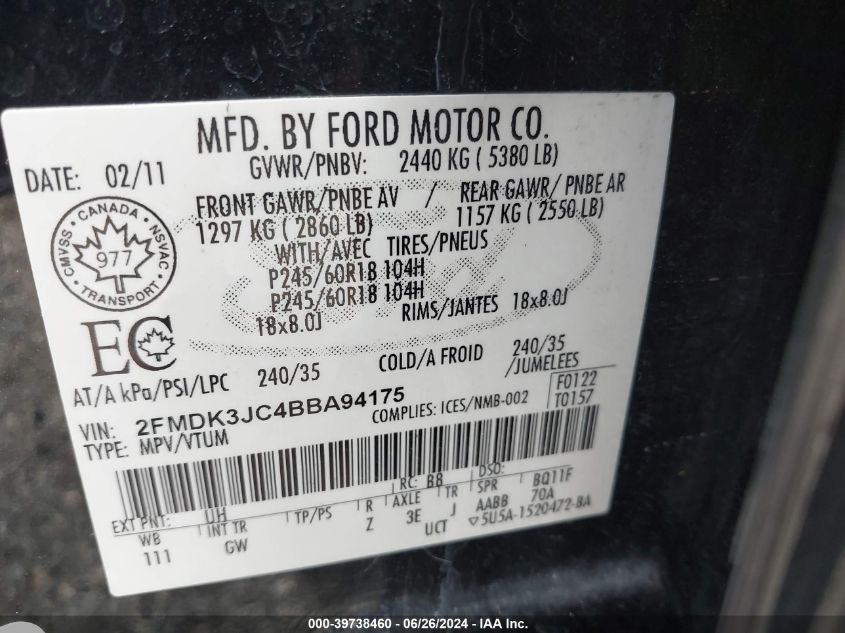 2011 Ford Edge Sel VIN: 2FMDK3JC4BBA94175 Lot: 39738460