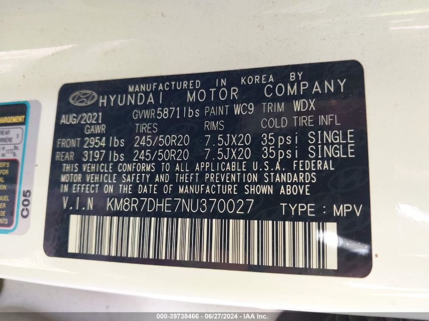 2022 Hyundai Palisade Calligraphy VIN: KM8R7DHE7NU370027 Lot: 39738466