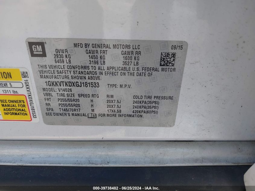 2016 GMC Acadia Denali VIN: 1GKKVTKDXGJ181533 Lot: 39738482