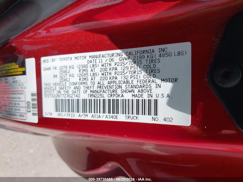 2007 Toyota Tacoma VIN: 5TETX22N77Z362740 Lot: 39738485