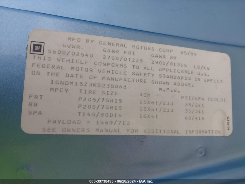 1989 Chevrolet Astro VIN: 1GNDM15Z3KB238068 Lot: 39738493