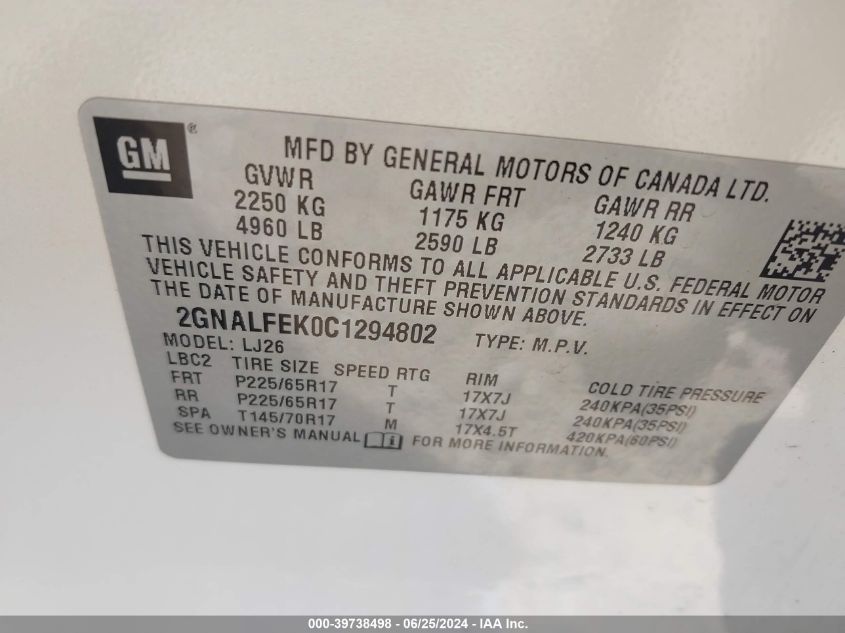 2012 Chevrolet Equinox Ltz VIN: 2GNALFEK0C1294802 Lot: 39738498