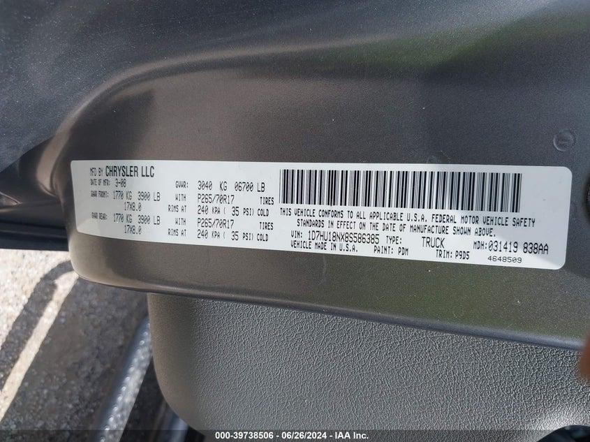 2008 Dodge Ram 1500 St/Sxt VIN: 1D7HU18NX8S586385 Lot: 39738506