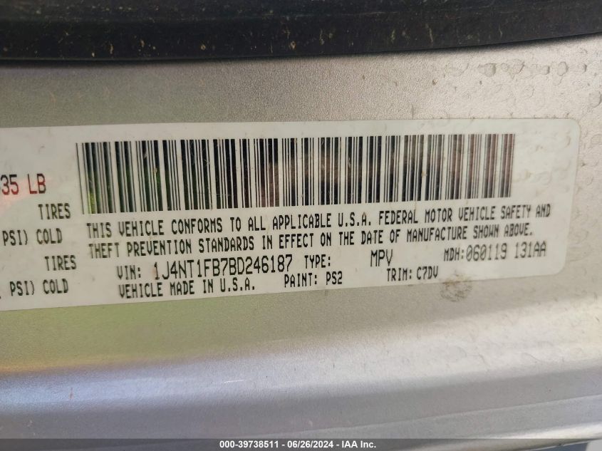 2011 Jeep Compass Sport VIN: 1J4NT1FB7BD246187 Lot: 39738511