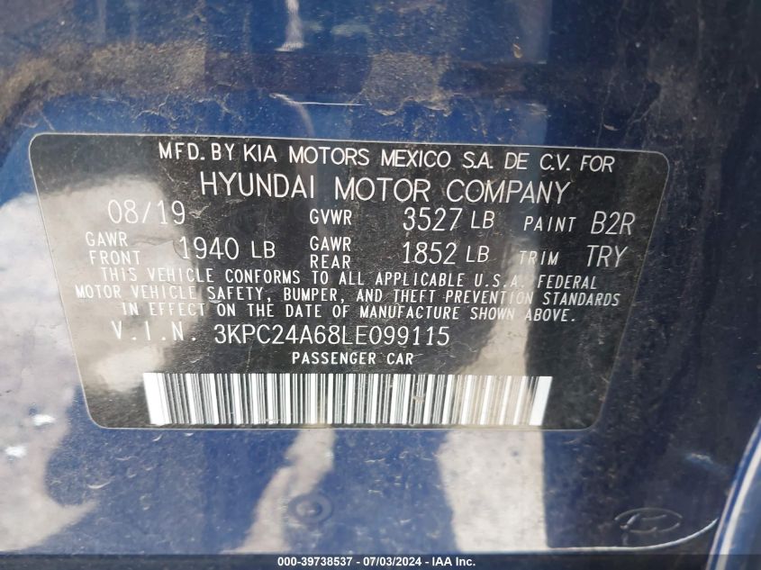 3KPC24A68LE099115 2020 Hyundai Accent Se