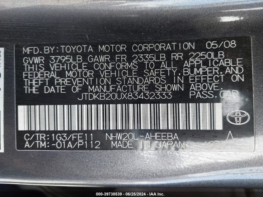 2008 Toyota Prius VIN: JTDKB20UX83432333 Lot: 39738539