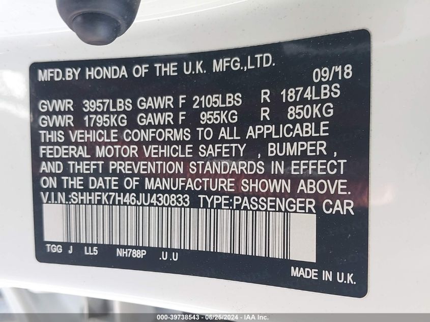 2018 Honda Civic Sport VIN: SHHFK7H46JU430833 Lot: 39738543
