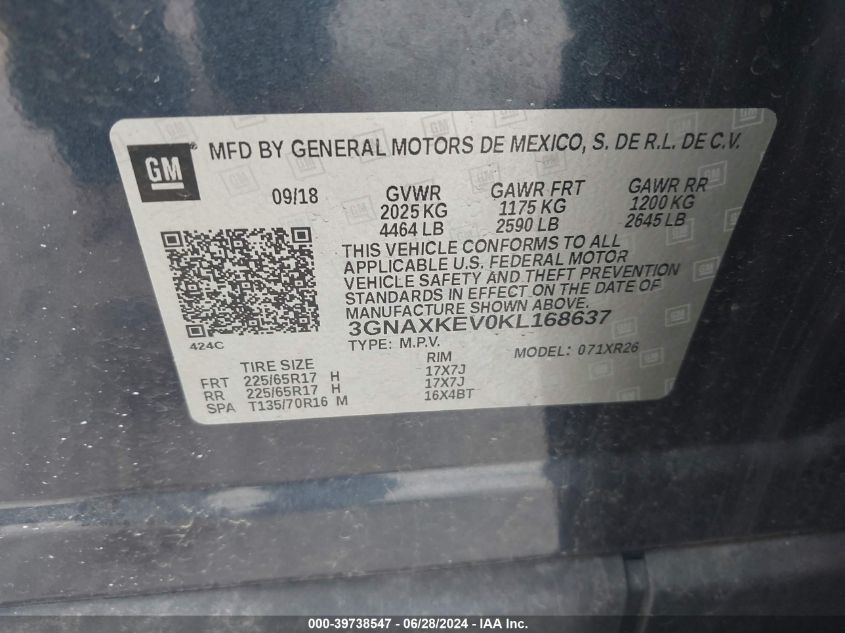 2019 Chevrolet Equinox Lt VIN: 3GNAXKEV0KL168637 Lot: 39738547