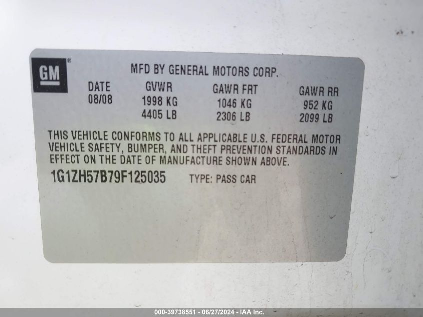 2009 Chevrolet Malibu Lt VIN: 1G1ZH57B79F125035 Lot: 39738551