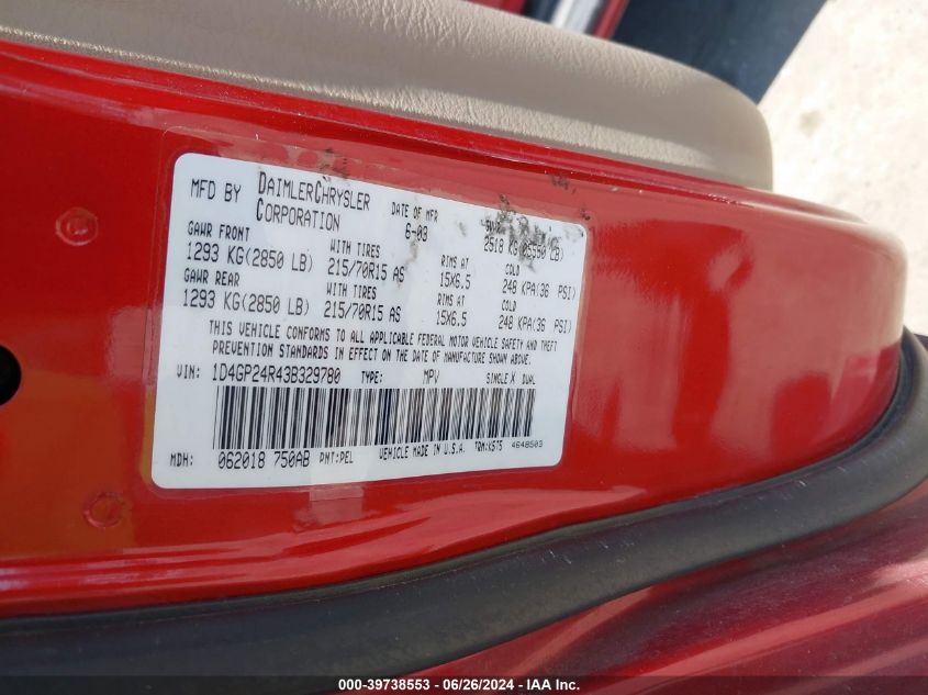 2003 Dodge Grand Caravan Se VIN: 1D4GP24R43B329780 Lot: 39738553