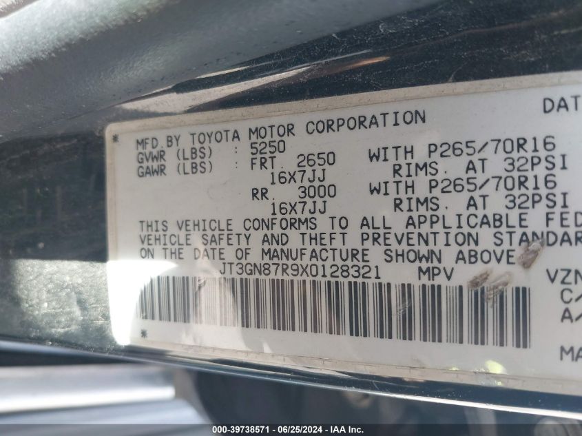 1999 Toyota 4Runner Limited V6 VIN: JT3GN87R9X0128321 Lot: 39738571