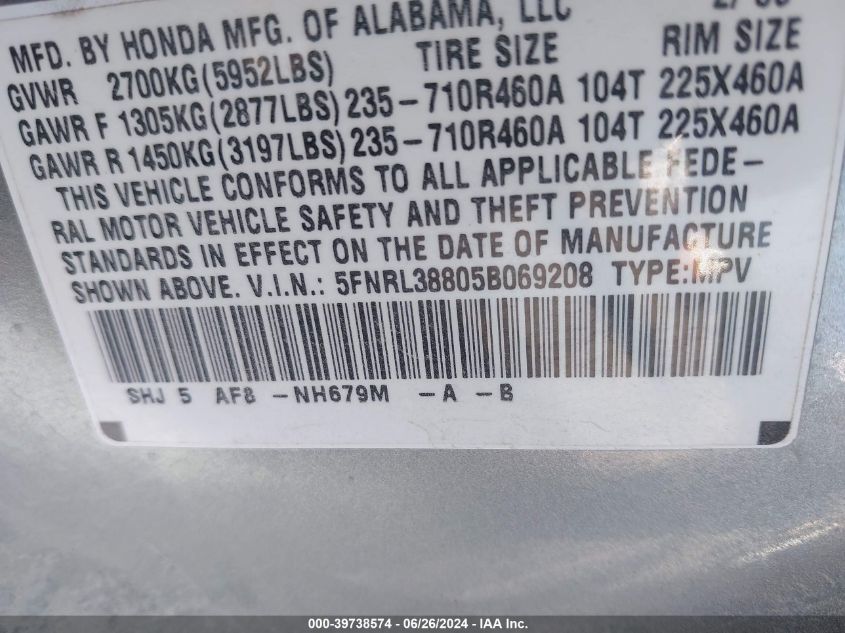 2005 Honda Odyssey Touring VIN: 5FNRL38805B069208 Lot: 39738574