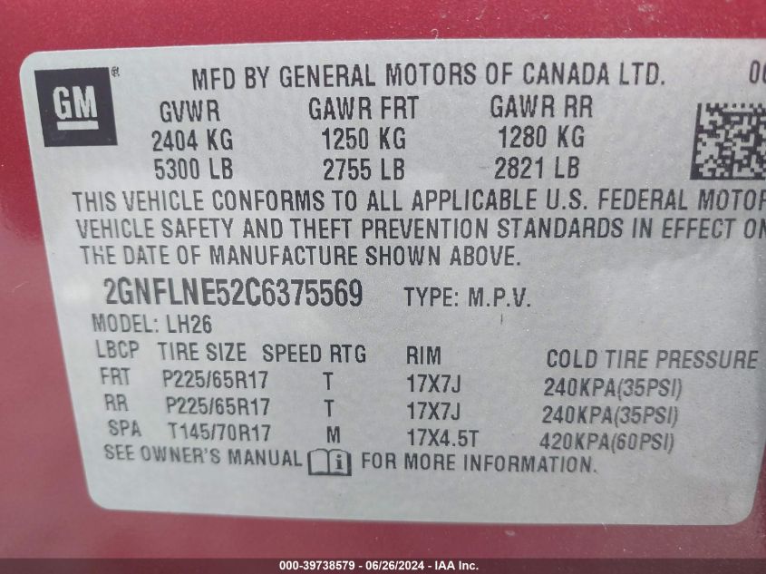 2012 Chevrolet Equinox 2Lt VIN: 2GNFLNE52C6375569 Lot: 39738579