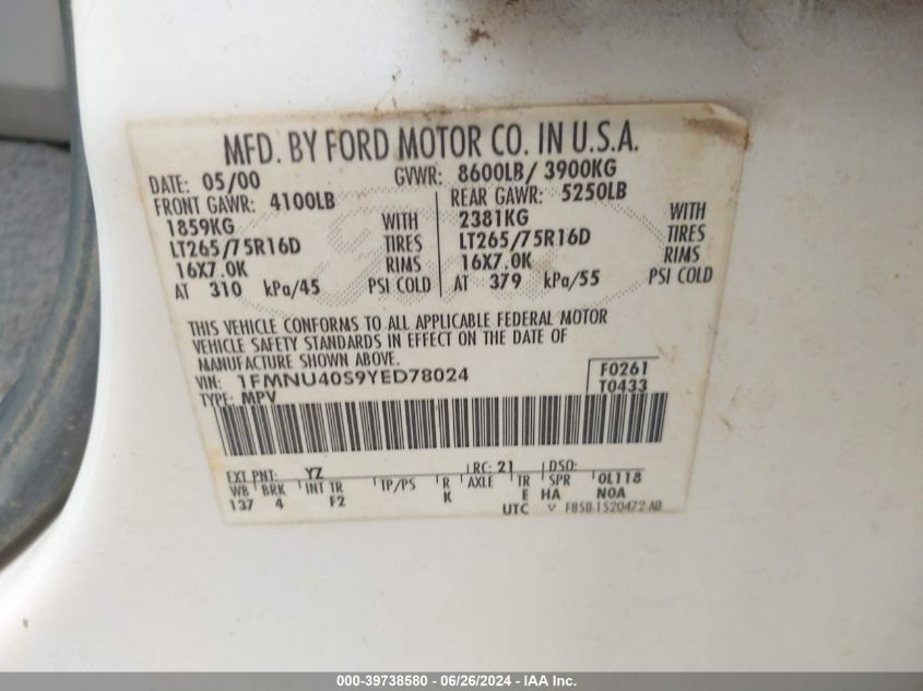 2000 Ford Excursion Xlt VIN: 1FMNU40S9YED78024 Lot: 39738580