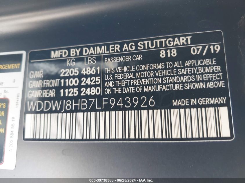 2020 Mercedes-Benz Amg C 63 S VIN: WDDWJ8HB7LF943926 Lot: 39738588