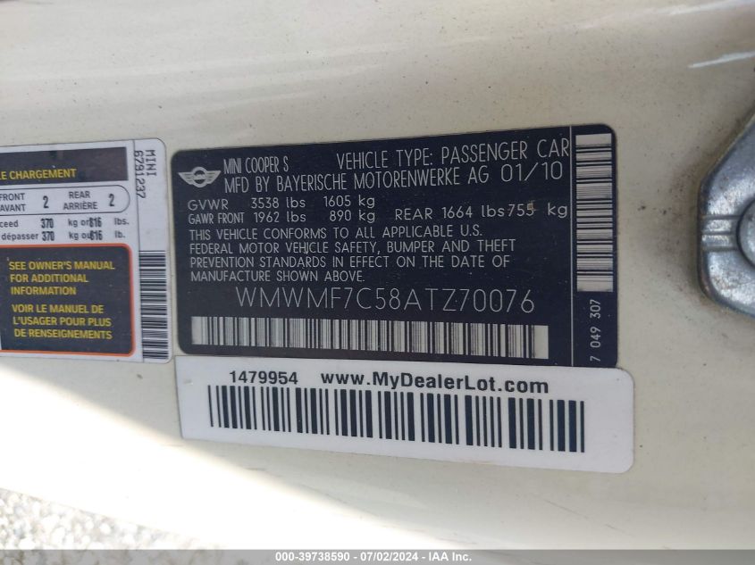 2010 Mini Cooper S VIN: WMWMF7C58ATZ70076 Lot: 39738590