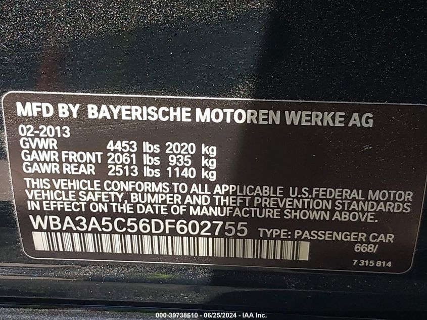 2013 BMW 328I VIN: WBA3A5C56DF602755 Lot: 39738610