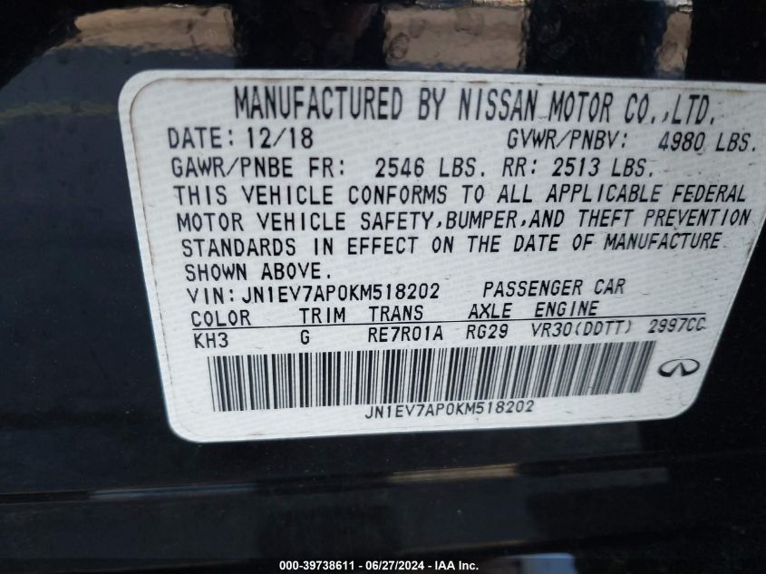 2019 Infiniti Q50 3.0T Luxe VIN: JN1EV7AP0KM518202 Lot: 39738611